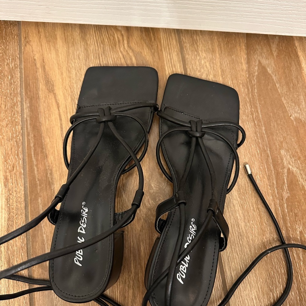 Public Desire Black Strappy Square-Toe Lace-Up Heels